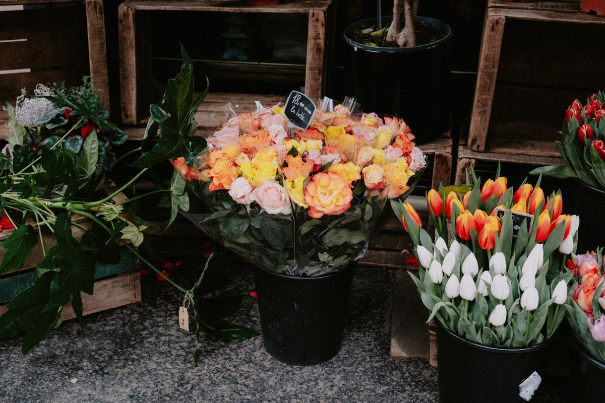 Early morning flower market with long rows of fresh cut flowers