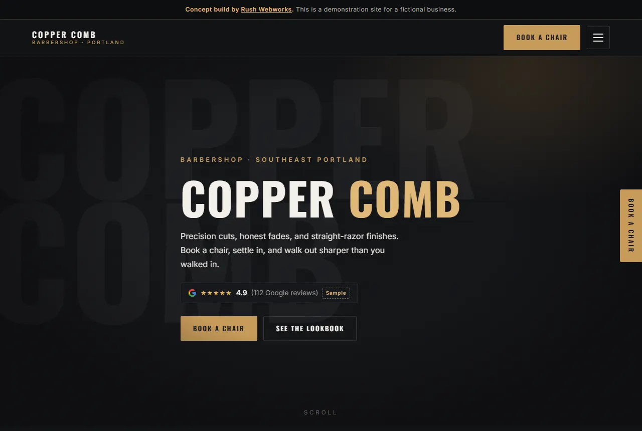 Copper Comb Barbershop website screenshot